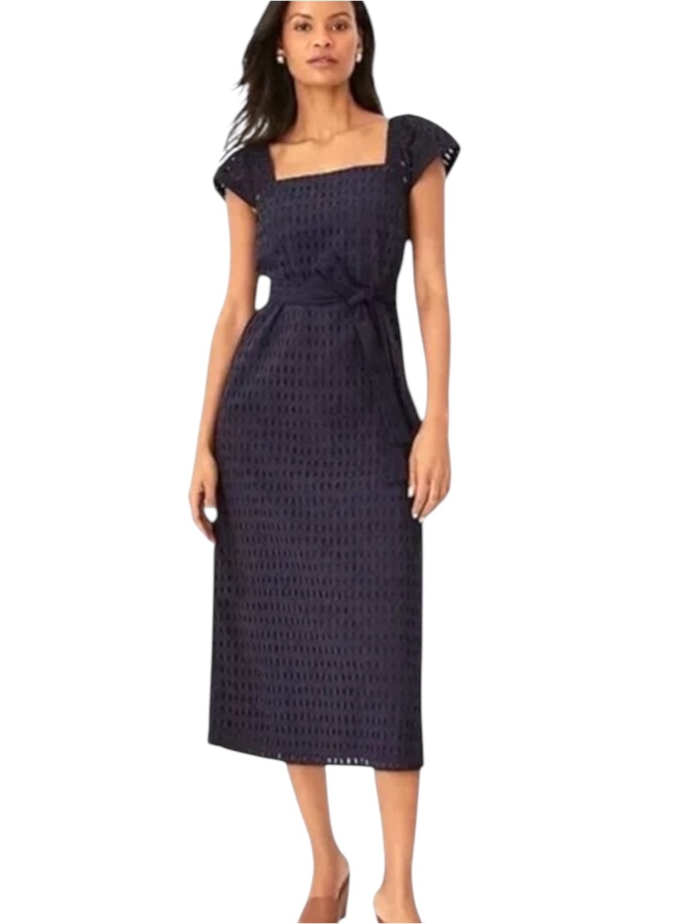 Ann Taylor Eyelet Lace Square Neck Midi Dress Size 6 Navy Blue Cotton Coastal
